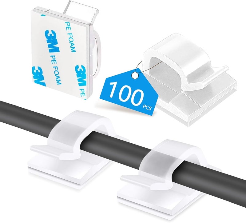 Abnii 100PCS Cable Clips, Adhesive Wire Clips Organizer Cord Clips Management, Cable Staples Outdoor Strong for Wall, Desk, Christmas Lights, String Lights, TV PC Ethernet Cable, Clear Small - Image 1